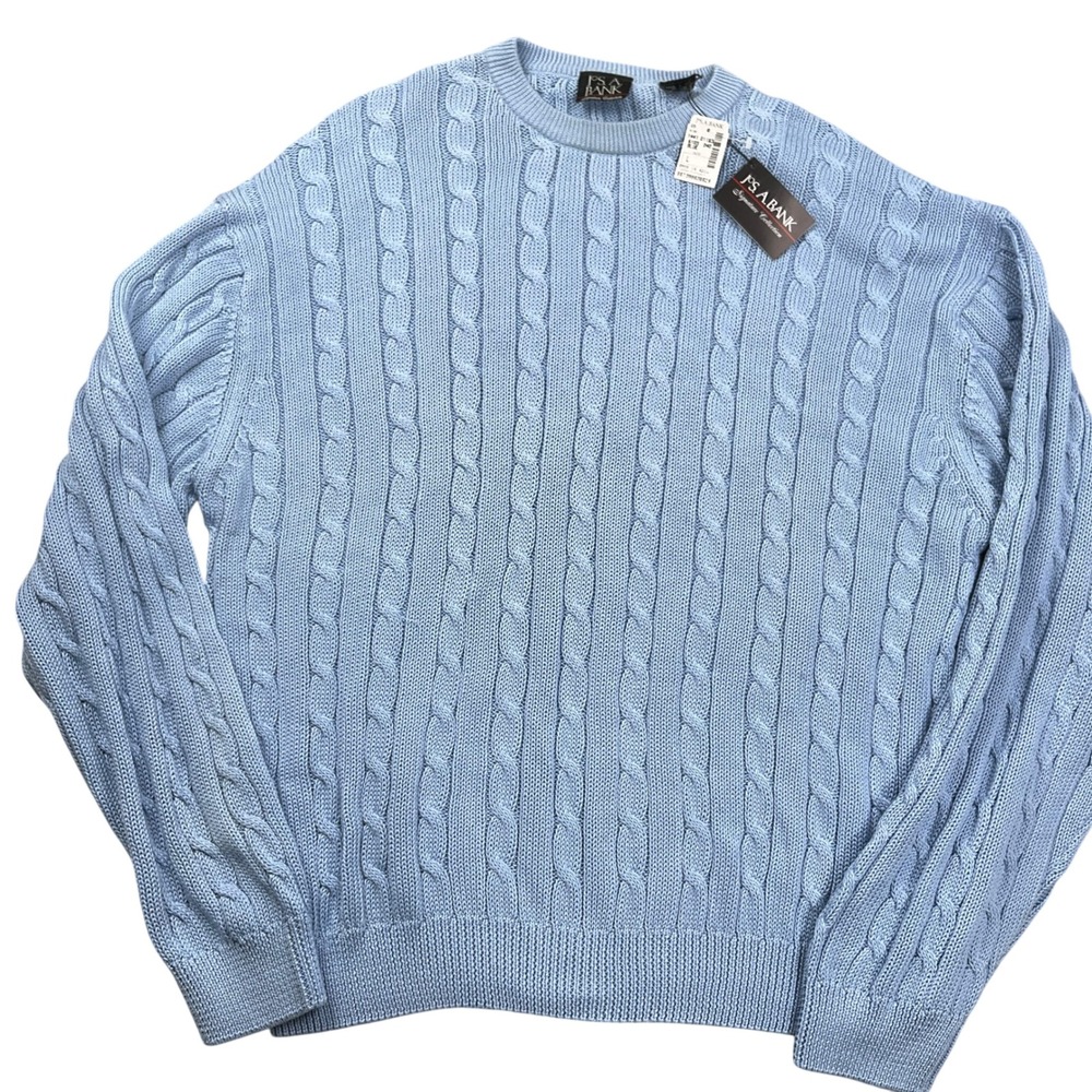 JOS A BANK Signature Sweater Mens Large Blue Cable Knit Preppy Pullover VTG